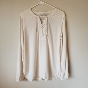 LOFT White Lace V-Neck Long Sleeve Blouse L